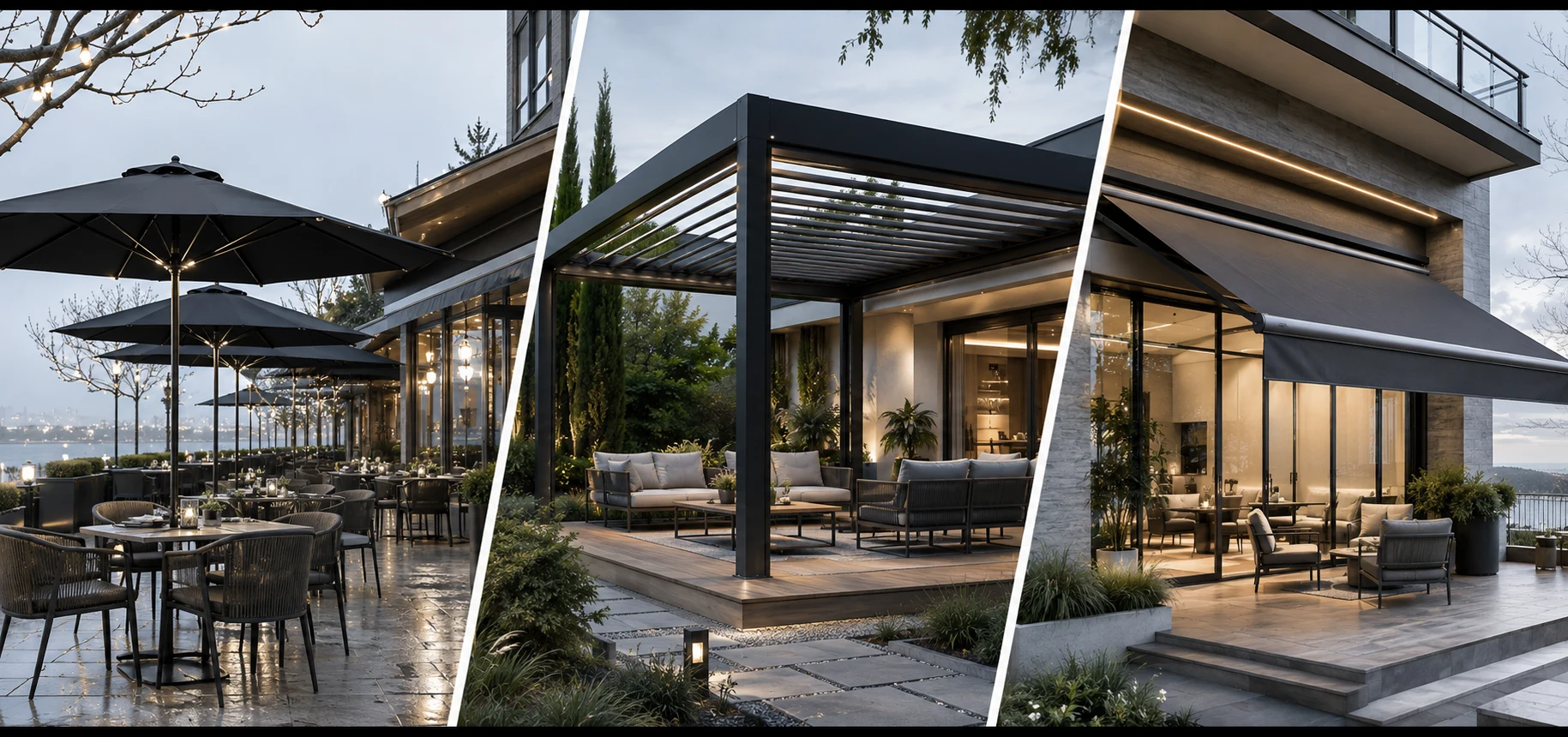 Cafe şemsiyesi, bioklimatik pergola ve kasetli tente kombinasyonu